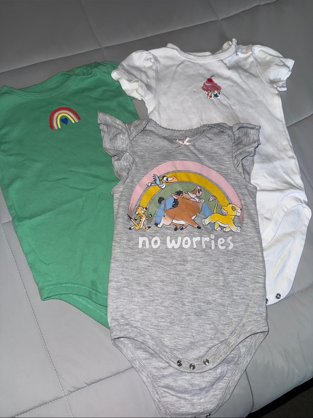 Green, Gray & White Baby One-Piece Set with Rainbow, Cup Cake & No Worries Print
